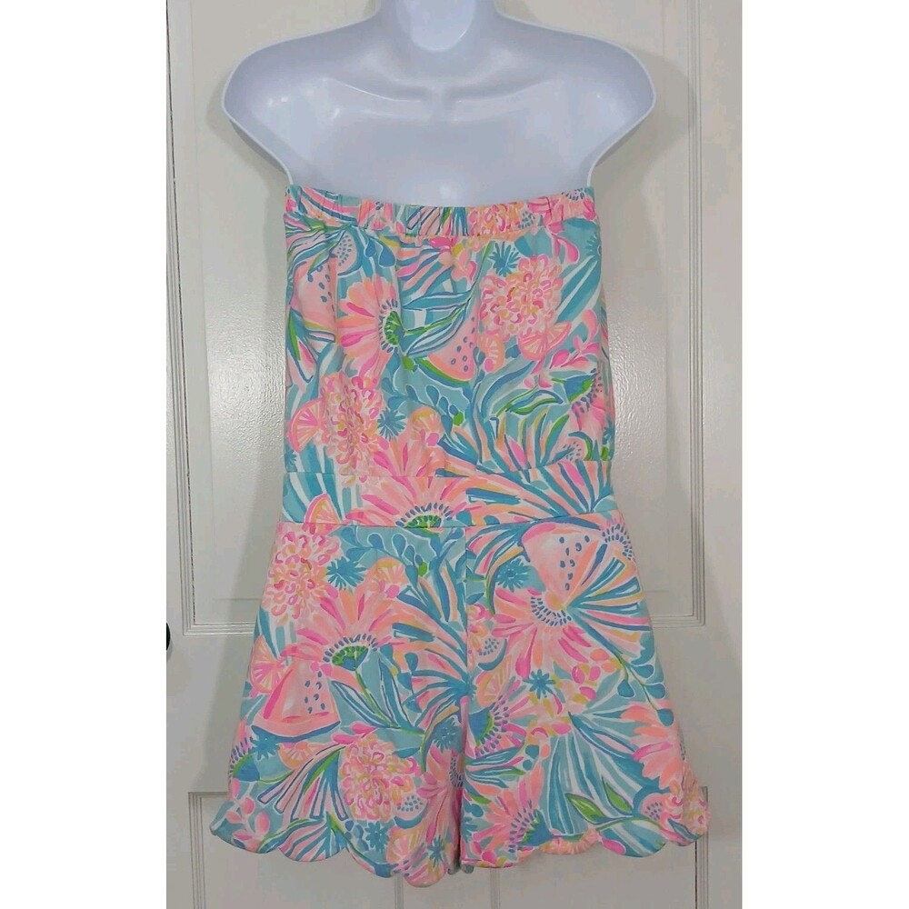 Lilly Pulitzer Jace Strapless Romper S Scalloped Hem Floral Pockets Beach Pool - Picture 14 of 15